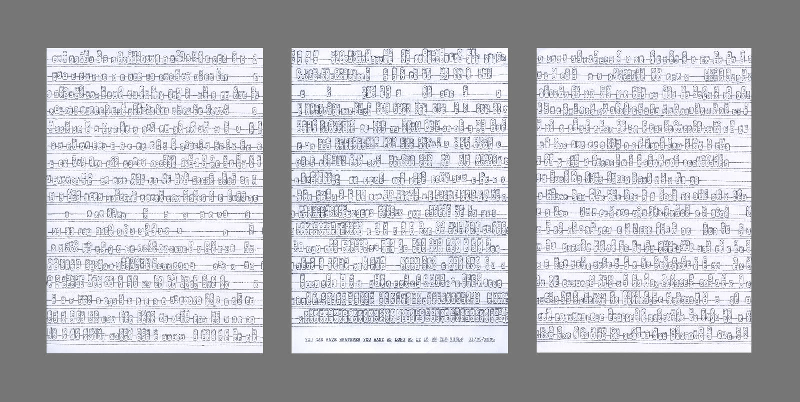 Lenka Clayton, You can have anything you want as long as it is on the shelf, triptych in the series "Typewriter Drawings", 2025