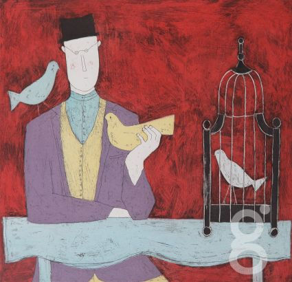 Annora Spence, Man with Bird Cage (red)