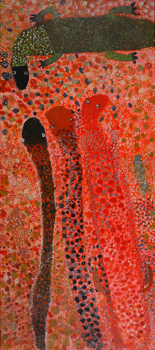 Reggie Uluru, Wati Ngintaka (Perentie Lizard Man) With Kuniya & Liru, 2024