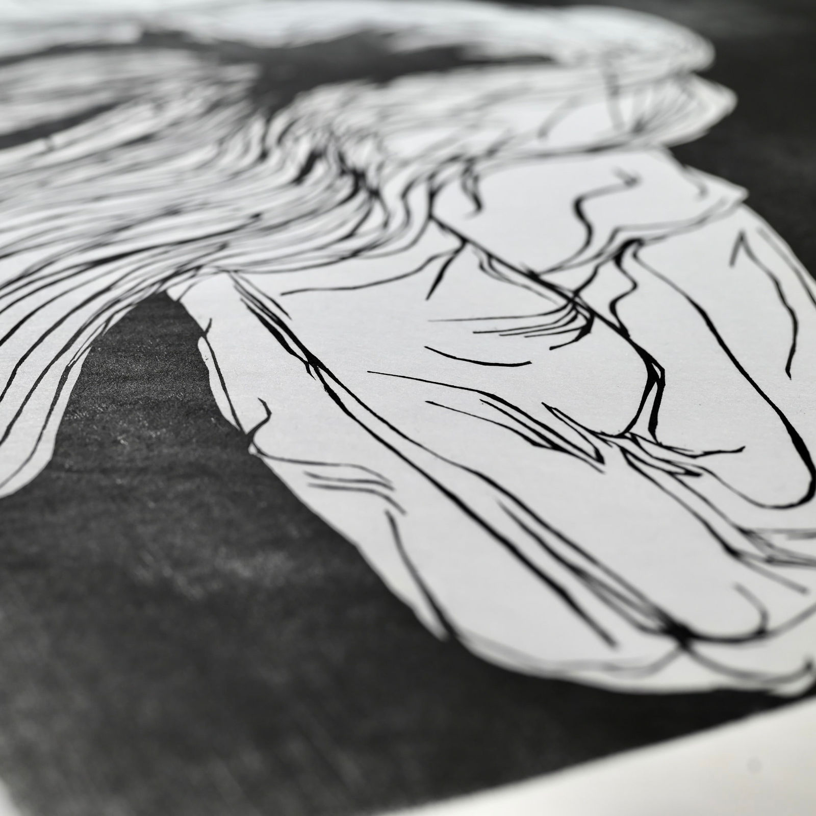 Detailed shot of Leonard Baskin's famous Dierdre woodcut print