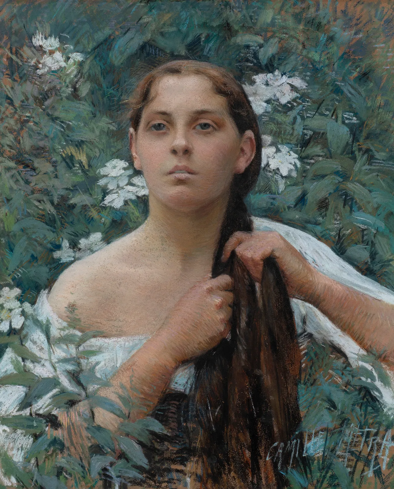 CAMILLE MÉTRA, A woman pleating her hair, possibly La Cigale