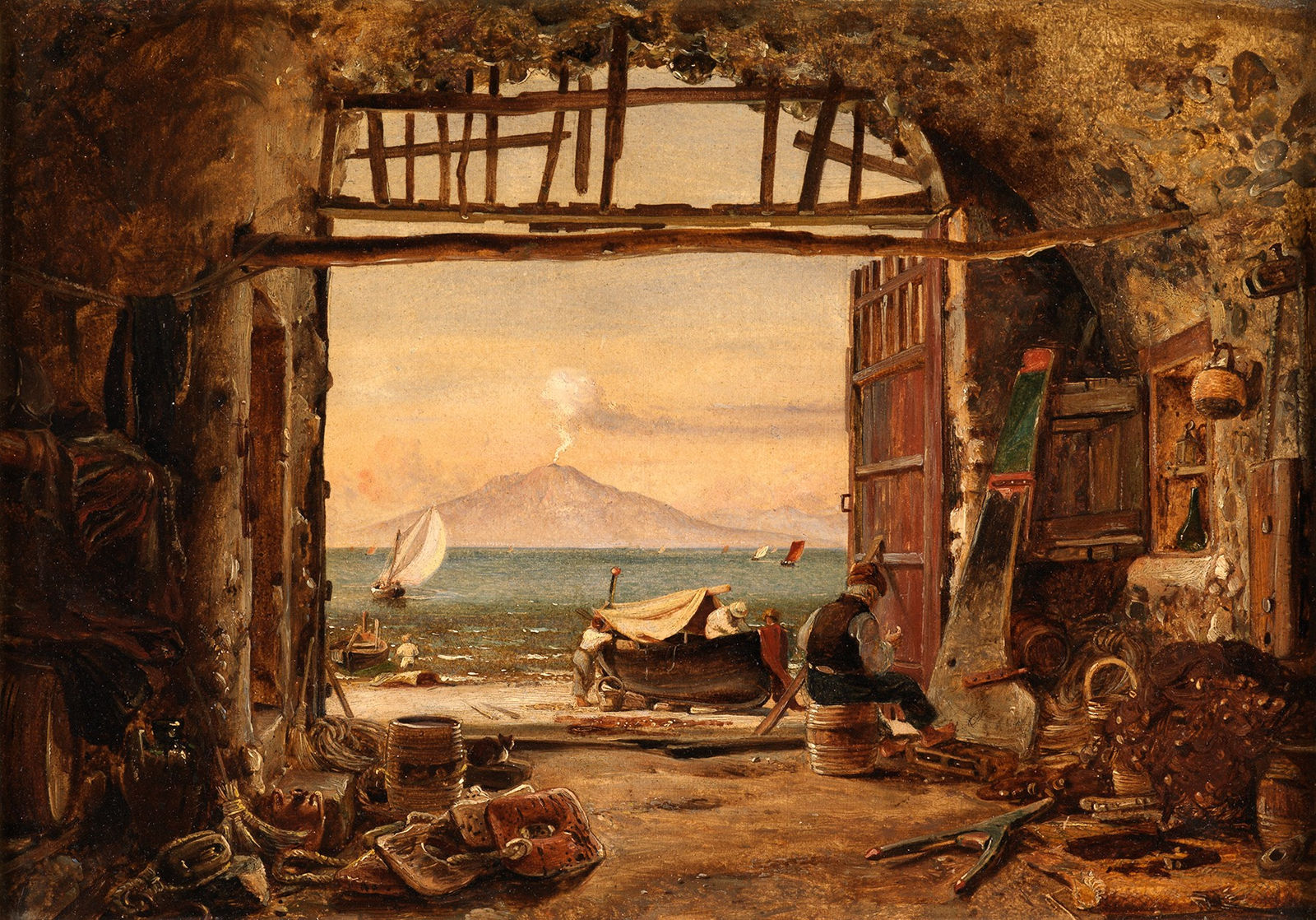 EDWARD WILLIAM COOKE, Vesuvius, seen from within a fisherman's workshop in Castellammare di Stabia