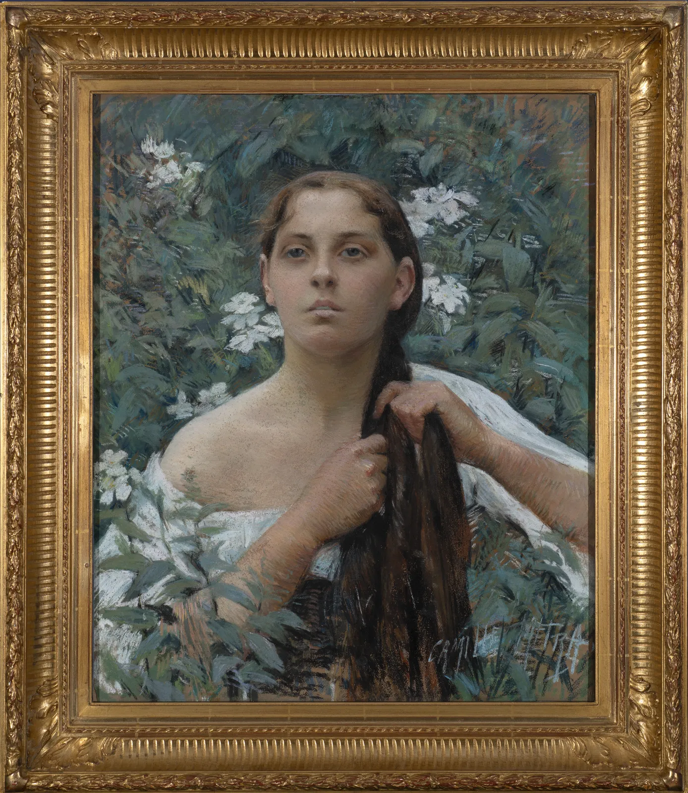 CAMILLE MÉTRA, A woman pleating her hair, possibly La Cigale