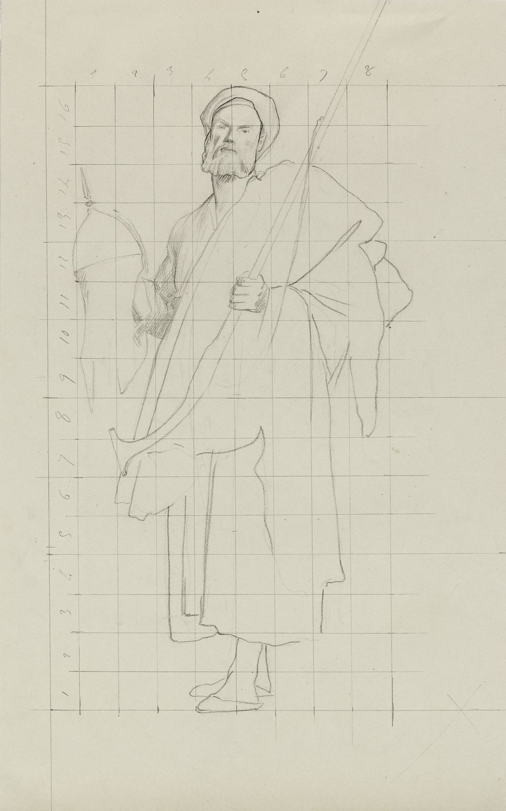 JEAN-LÉON GÉRÔME, A merchant carrying a rifle, helmet and fabrics, study for Marchand ambulant au Caire