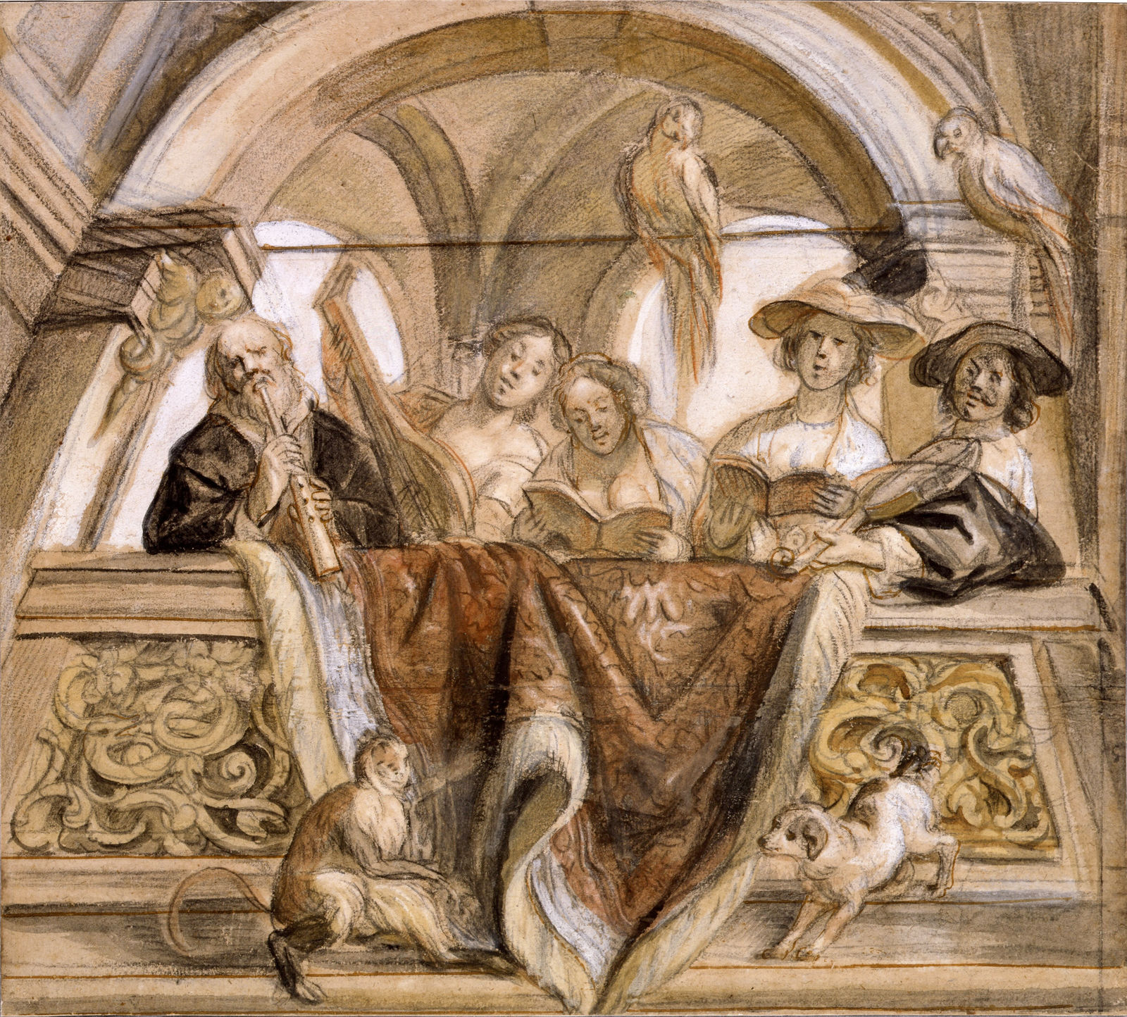 JACOB JORDAENS, A rostrum of musicians in a loggia, ca. 1635