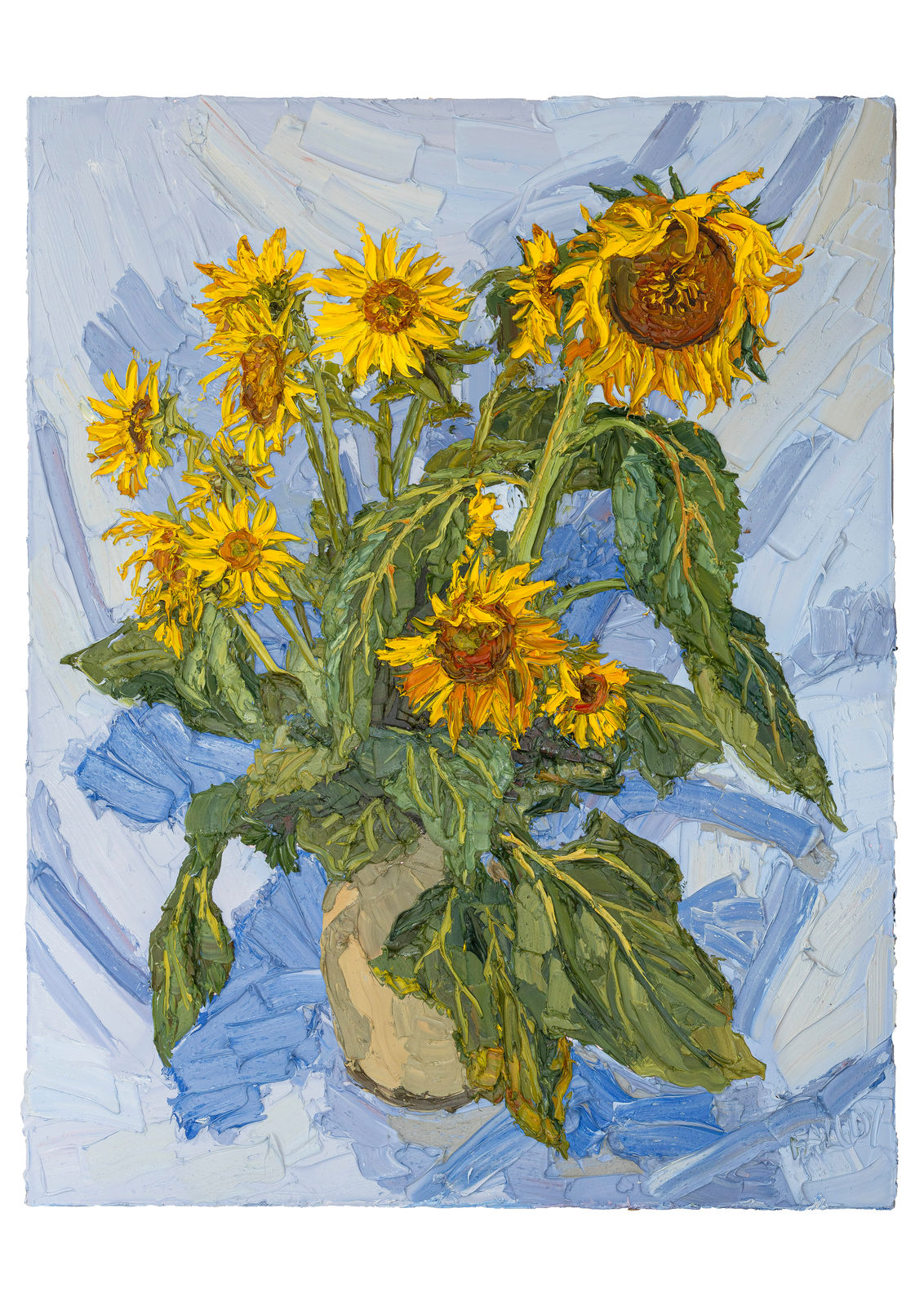 Emily Faludy, Sunflowers on a Blue Cloth, 2024