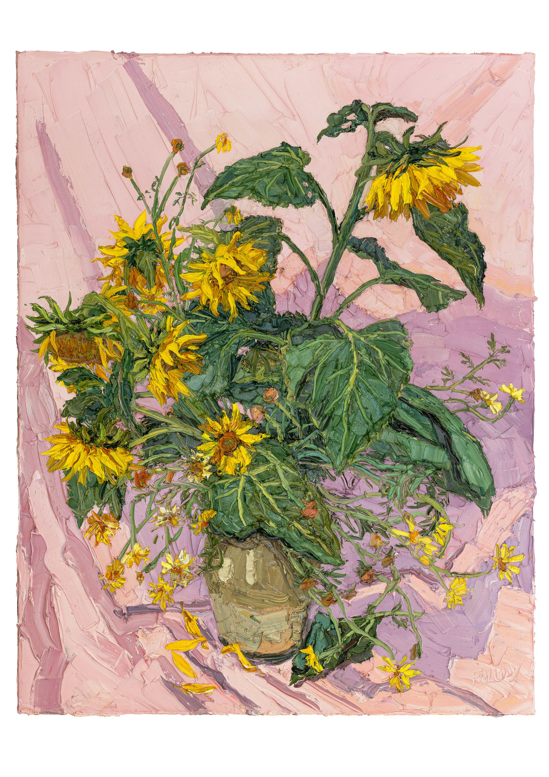 Emily Faludy, Sunflowers on a Pink Cloth, 2024