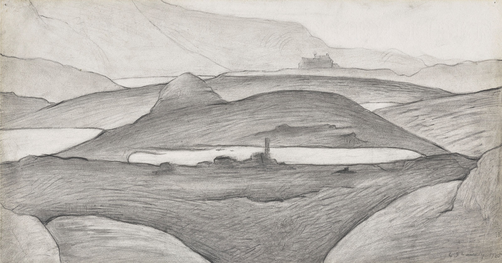 L.S Lowry, A Moorland View with Ruined Farmhouse, 1920