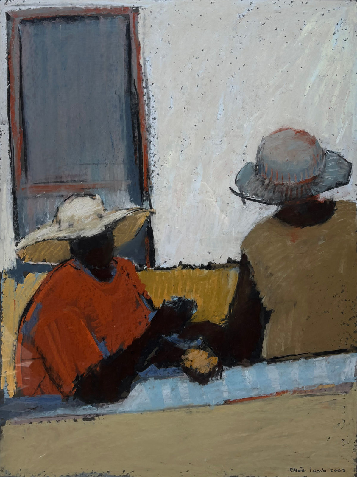 Chloë Lamb, Woman in Foreground in Red with Hat (London Gallery)