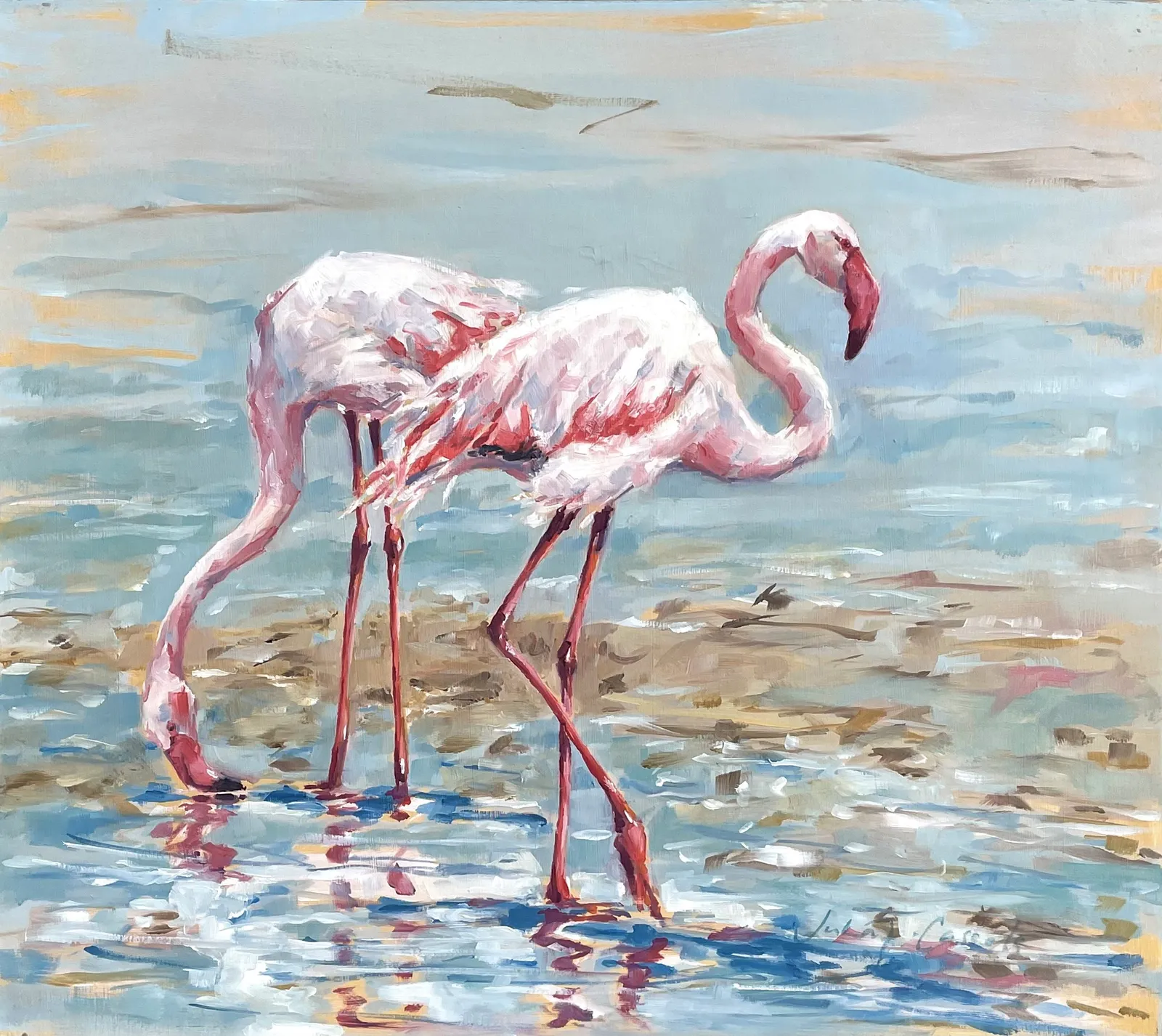 Julia Cassels, Flamingos Reflecting (Hungerford Gallery)