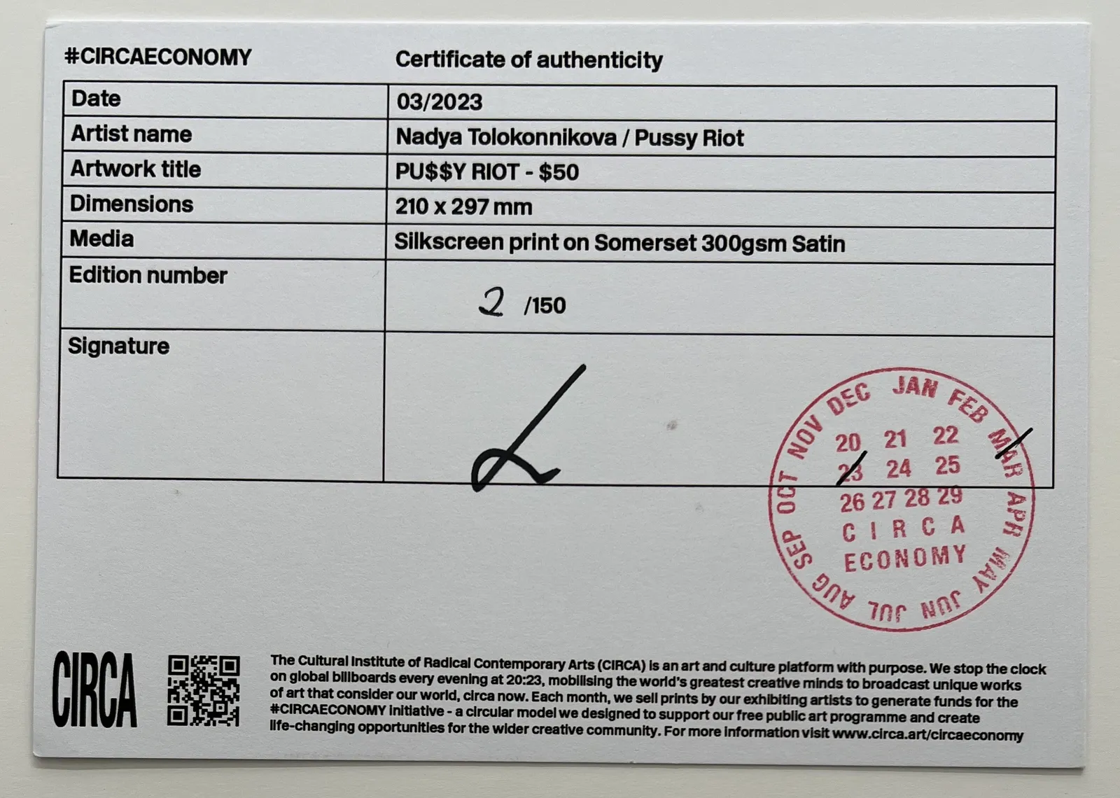 Pussy Riot, $ 50, 2023