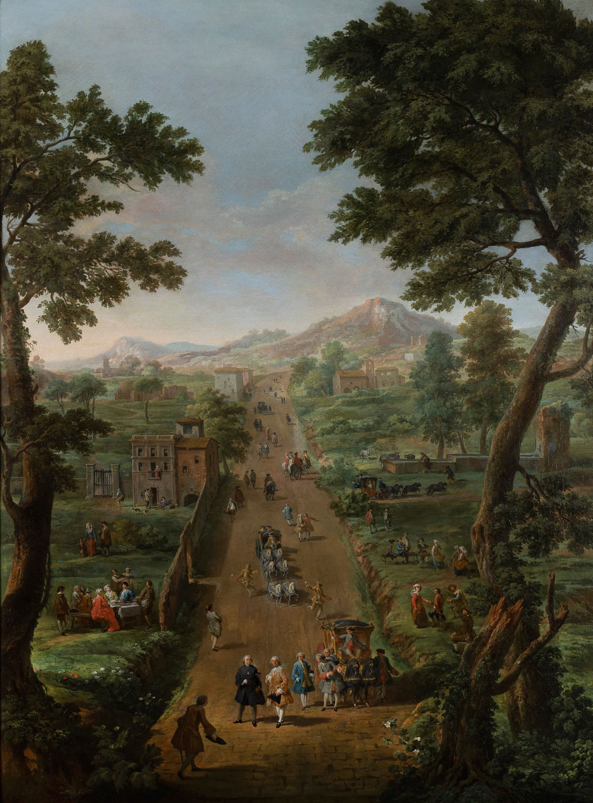 Giovanni Panini and Paolo Anesi, An extensive landscape with carriages and elegant figures on a road, after 1747