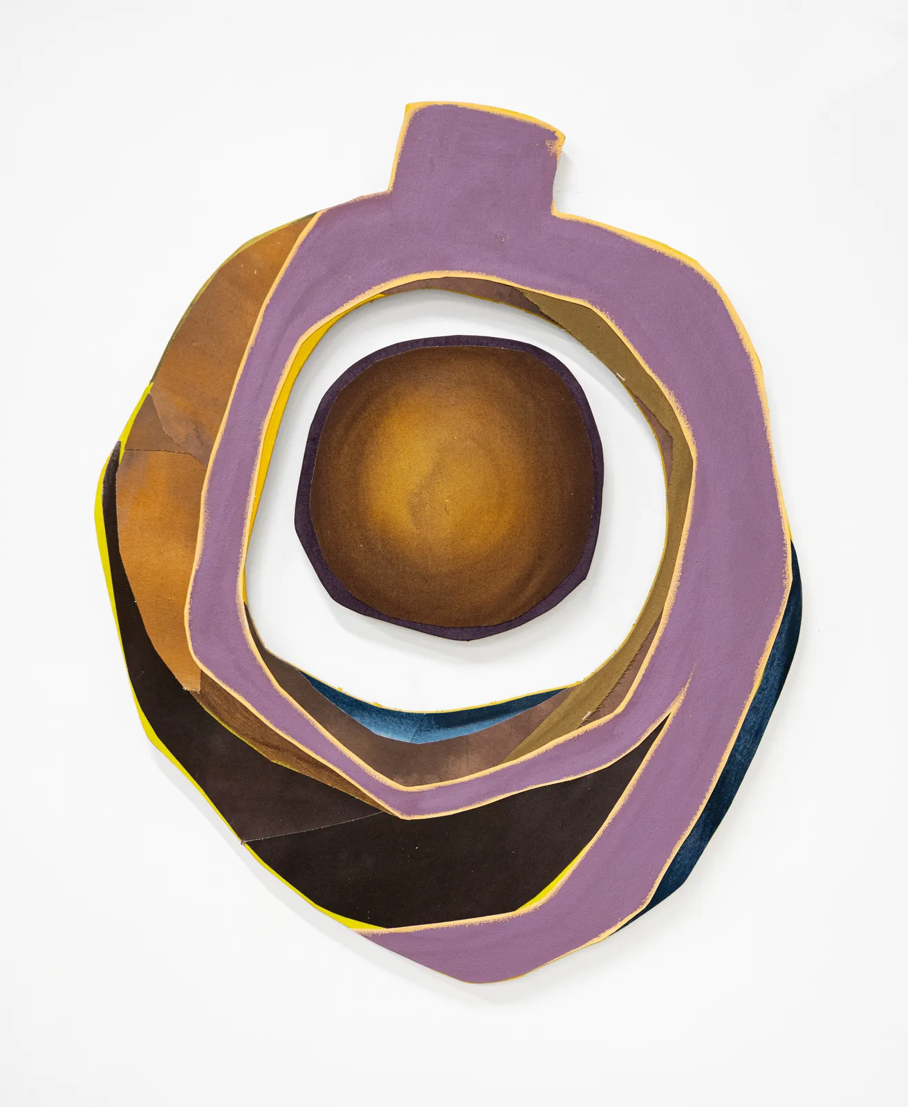 A freeform oval-shaped painting in browns and mauves with a circle cutout in the middle.