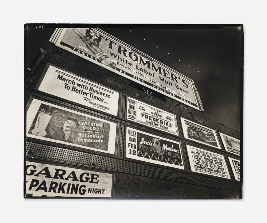 Berenice Abbott, Advertisements, East Houston Street and 2nd Avenue, Northeast Corner, Manhattan , 1937