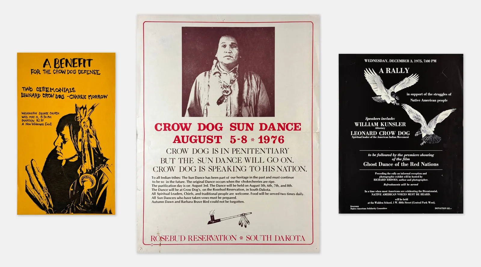 [Leonard Crow Dog], Three Posters for Events Related to the American Indian Movement, Including one for a Sun Dance and two for Benefits and Rallies, 1975-76