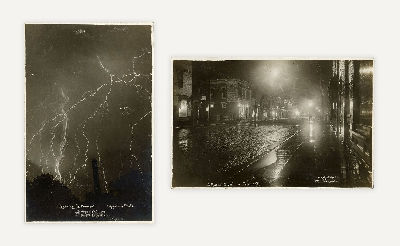 Ralph L. Edgerton, A Pair of Photographs entitled "Lightning in Fremont" and "A Rainy Night in Fremont", [Nebraska], 1908