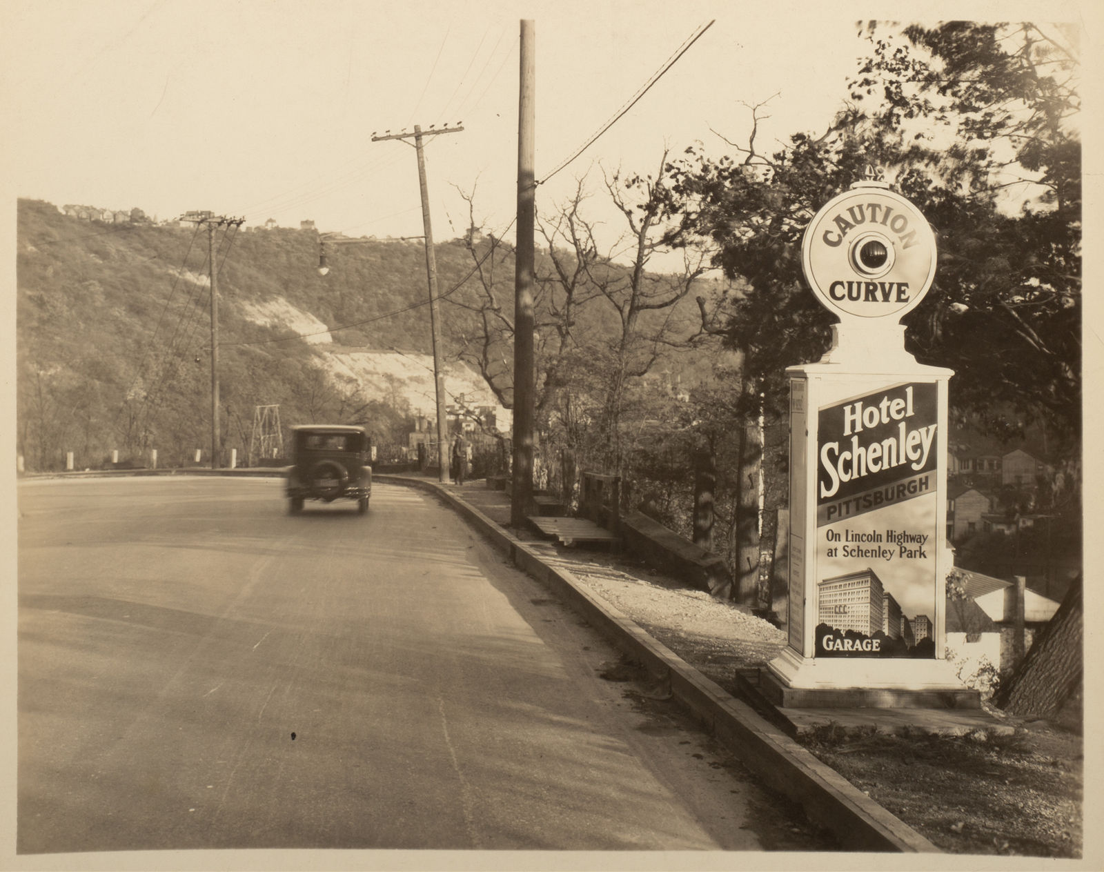 [Traffic Alerts], Photos of Roadside Alert Signs That Also Advertise Champion Spark Plugs and Local Businesses, 1920s-40s