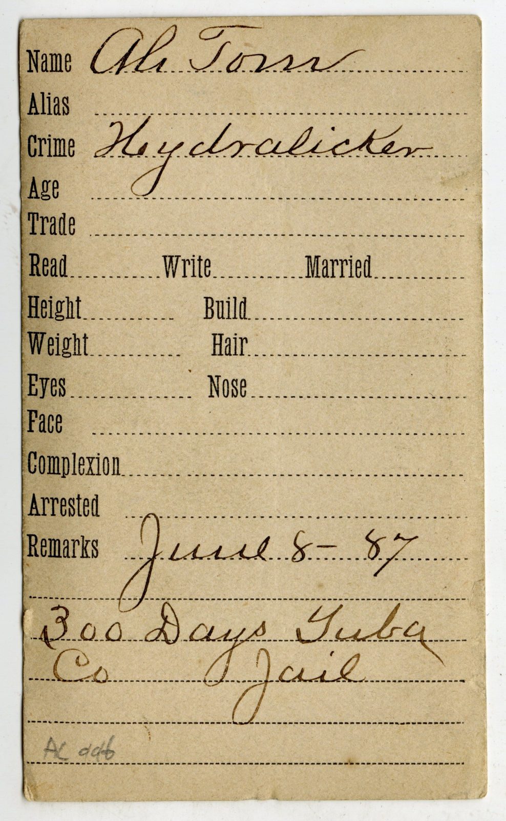 [Mugshot], Carte-de-visite of an Identified Chinese-American Man Arrested for Hydraulic Mining, 1887