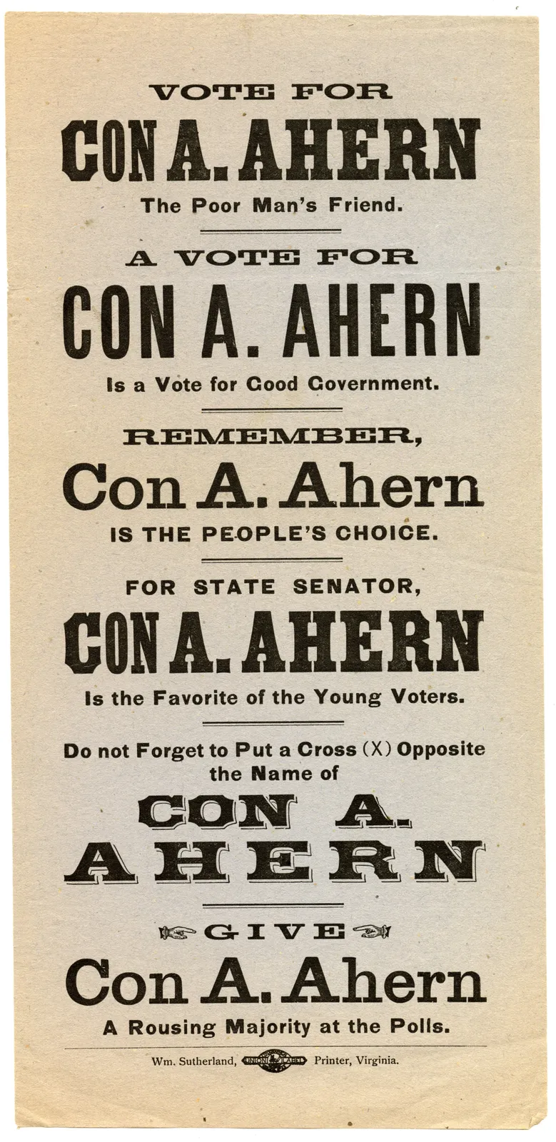 [Con A. Ahern], Broadside and Handbill for a Nevada State Senate Campaign, c. 1902