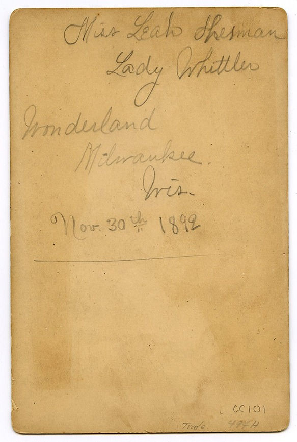 Howie, Cabinet Card Portrait of Miss Leah Sherman "The Lady Whittler" in Front of her Folk Art Carvings, 1892