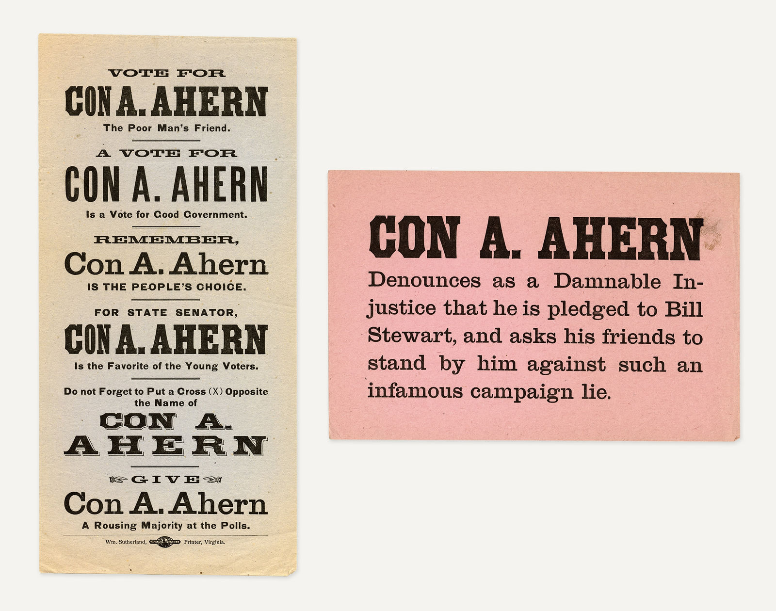 [Con A. Ahern], Broadside and Handbill for a Nevada State Senate Campaign, c. 1902