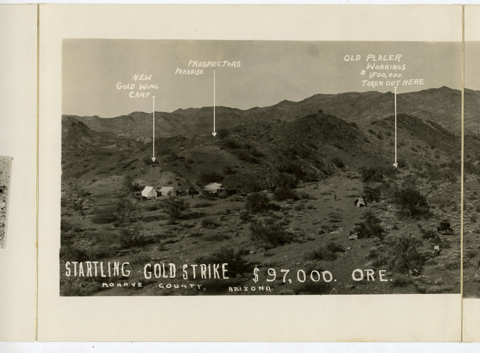 Todd Studio, Los Angeles, Three-Part Panorama of a "Startling Gold Strike" in Mohave County, AZ, 1900s