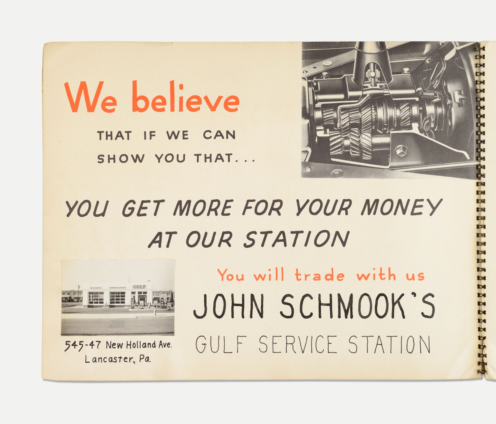 Gulf Oil Co., "Get More For Your Money at John Schmook's Service Station", 1930s