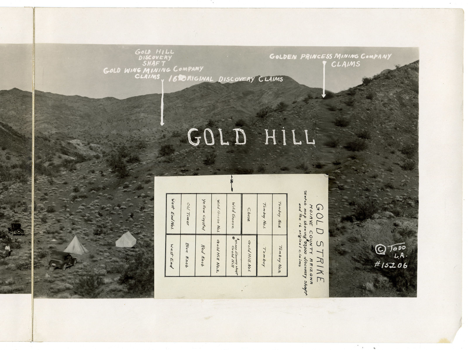 Todd Studio, Los Angeles, Three-Part Panorama of a "Startling Gold Strike" in Mohave County, AZ, 1900s