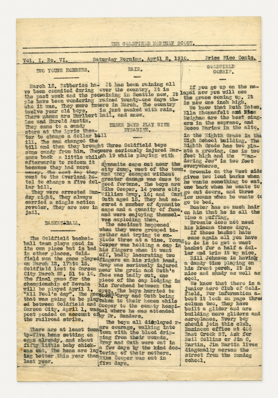 [Goldfield Monthly Scout], Rare Circular Reporting Local Events in the Infamous Nevada Gold Rush Town, 1912