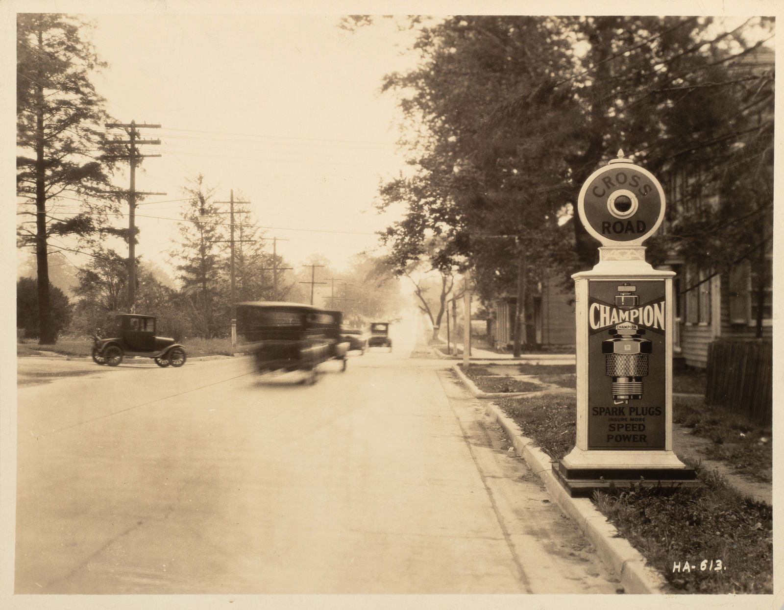 [Traffic Alerts], Photos of Roadside Alert Signs That Also Advertise Champion Spark Plugs and Local Businesses, 1920s-40s
