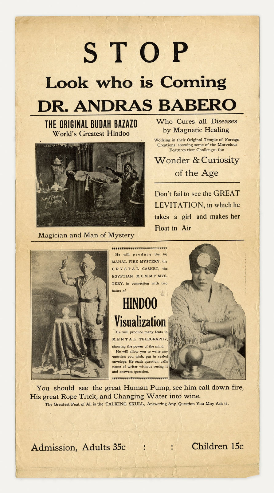 [Andras Babero], Unrecorded Broadside for Magician Andras Babero, "The Original Budah Bazazo", 1910s