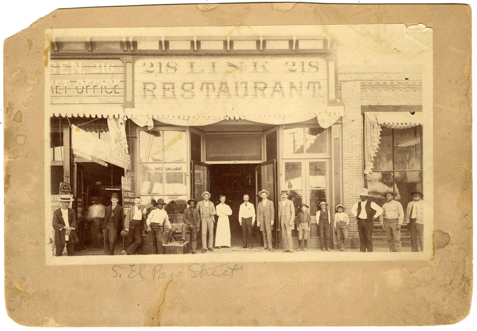[Pete McCarro's Restaurant], Dynamic Storefront View of an El Paso Restaurant and its Multicultural Patrons, 1880s