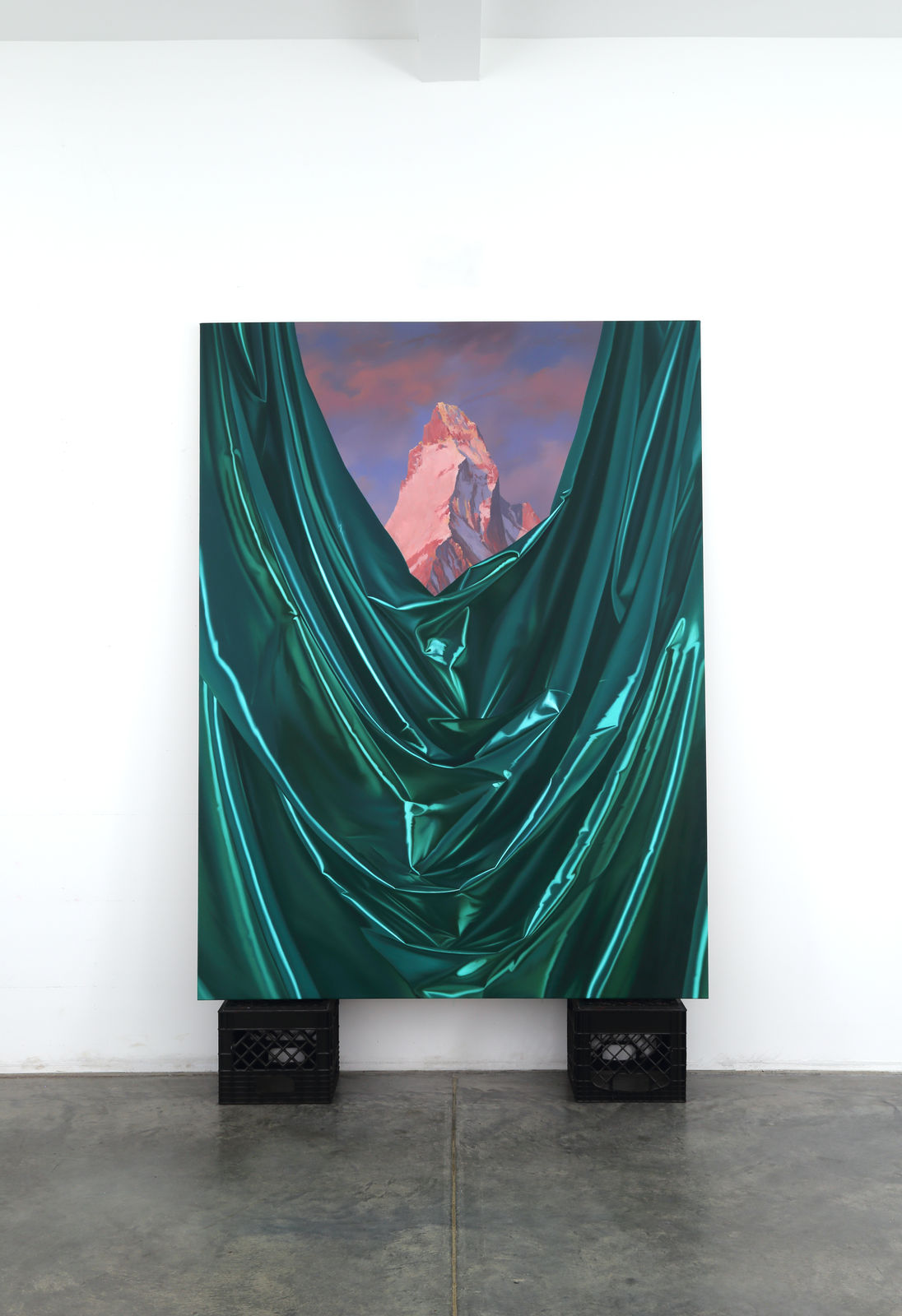 Shawn Huckins, Metallic Teal Green Fabric with Landscape (after Bierstadt), 2025