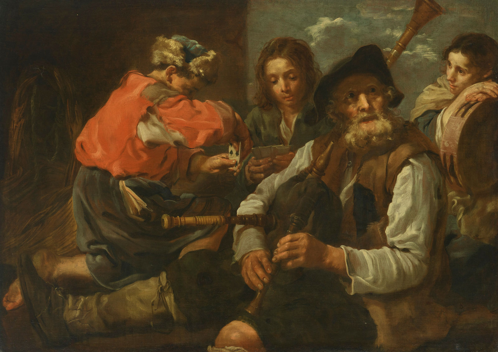 Bernhard Keil, called Monsu Bernardo, Four peasants in a landscape: an allegory of hearing and sight