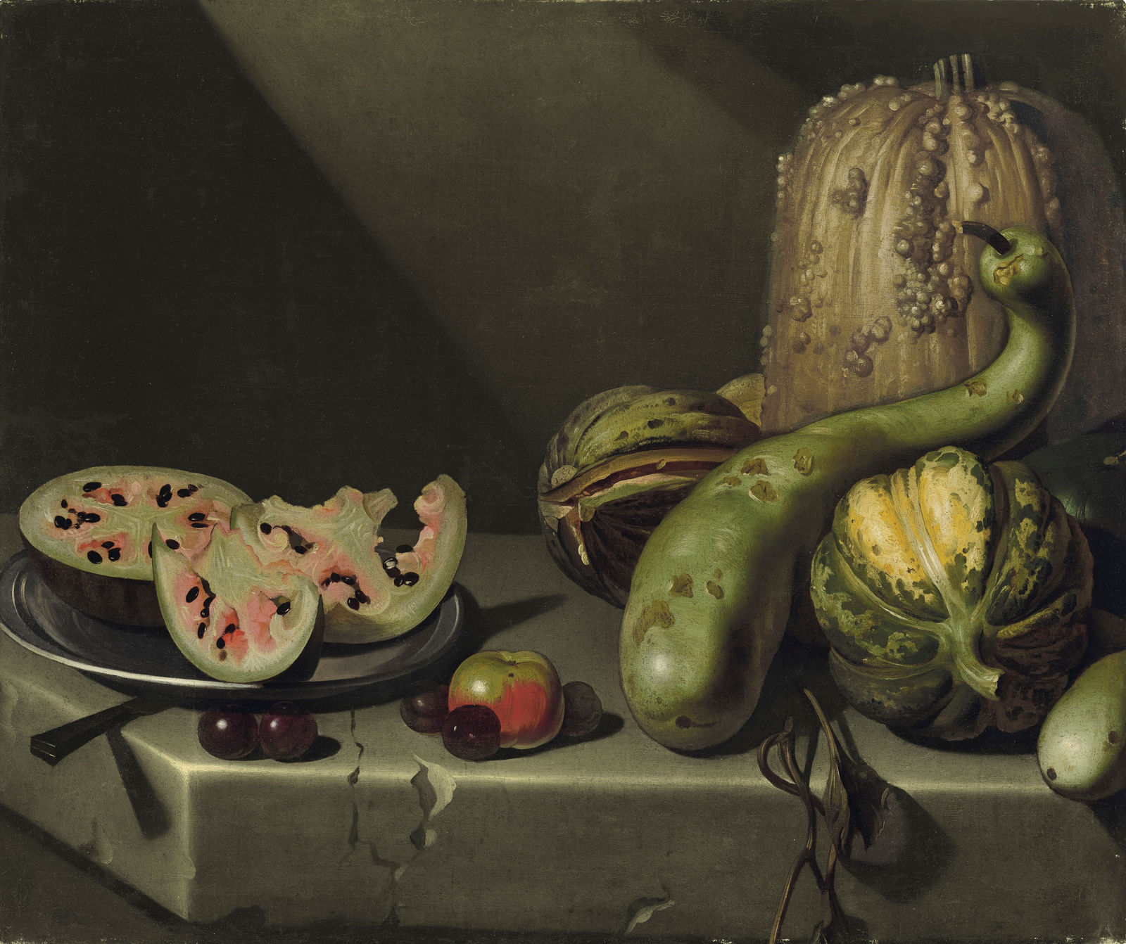 Pensionante del Saraceni, A melon on a plate, with gourds, plums and apples on a stone table