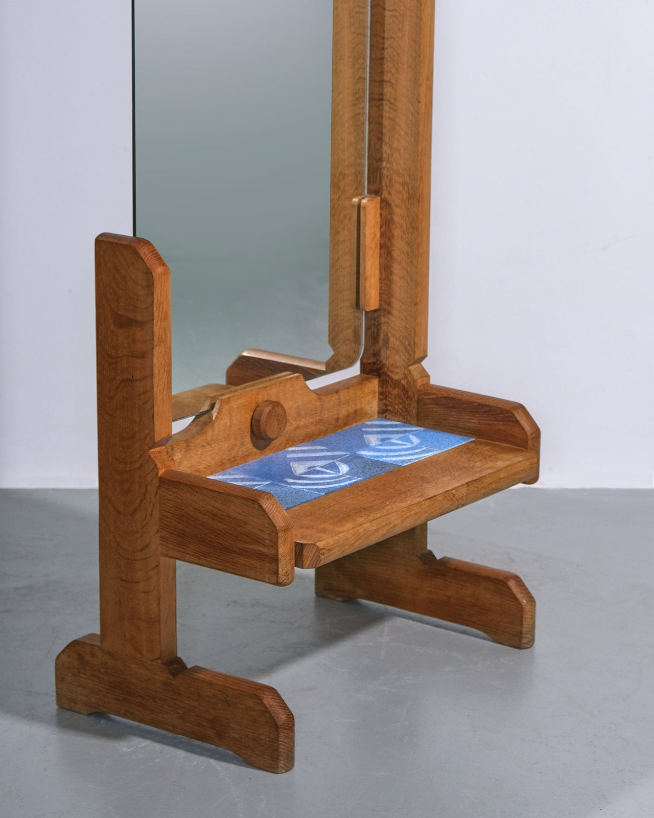 Guillerme et Chambron, 'Psyche' Floor Standing Mirror with Ceramic Tiled Shelf and Coat Hook