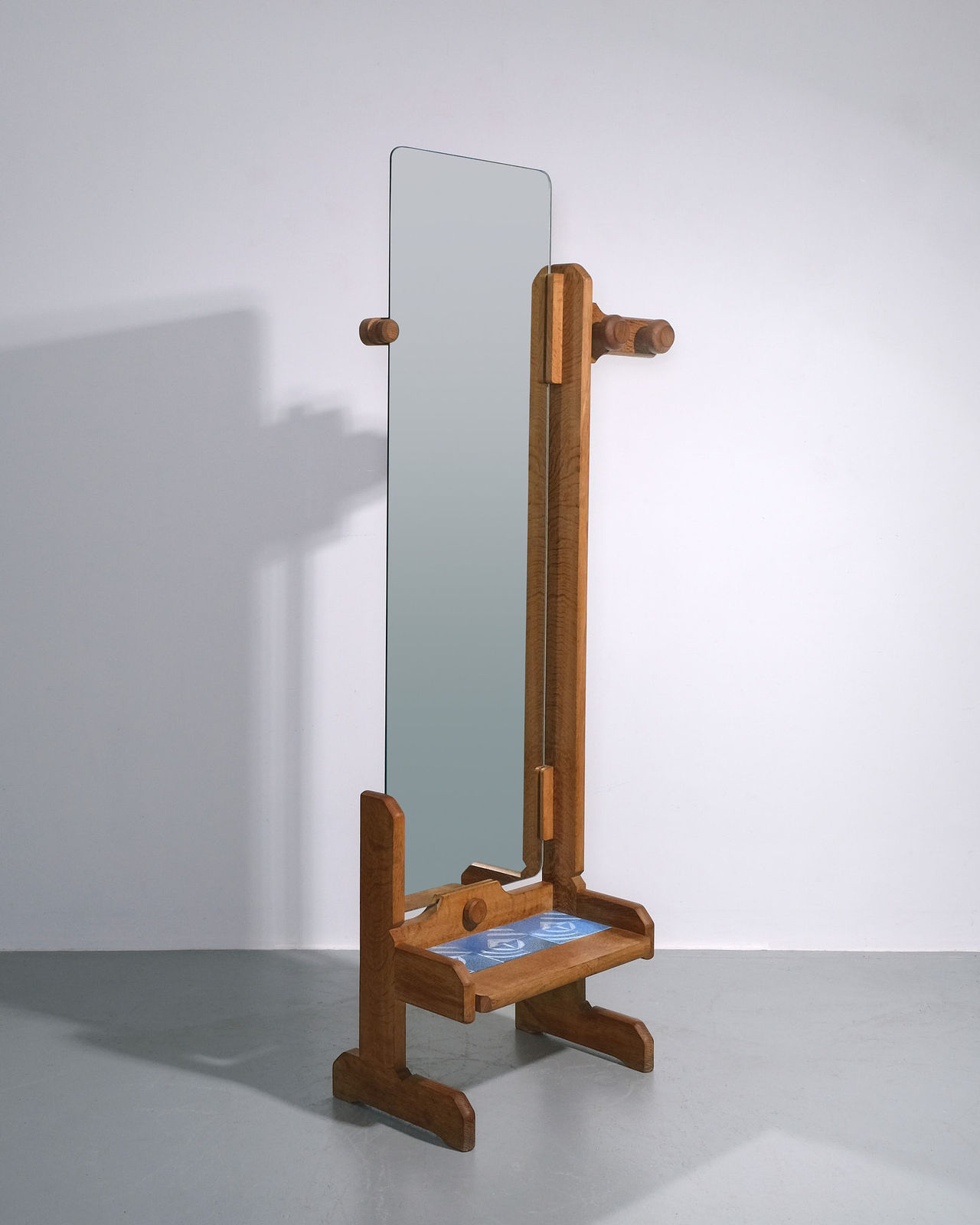 Guillerme et Chambron, 'Psyche' Floor Standing Mirror with Ceramic Tiled Shelf and Coat Hook