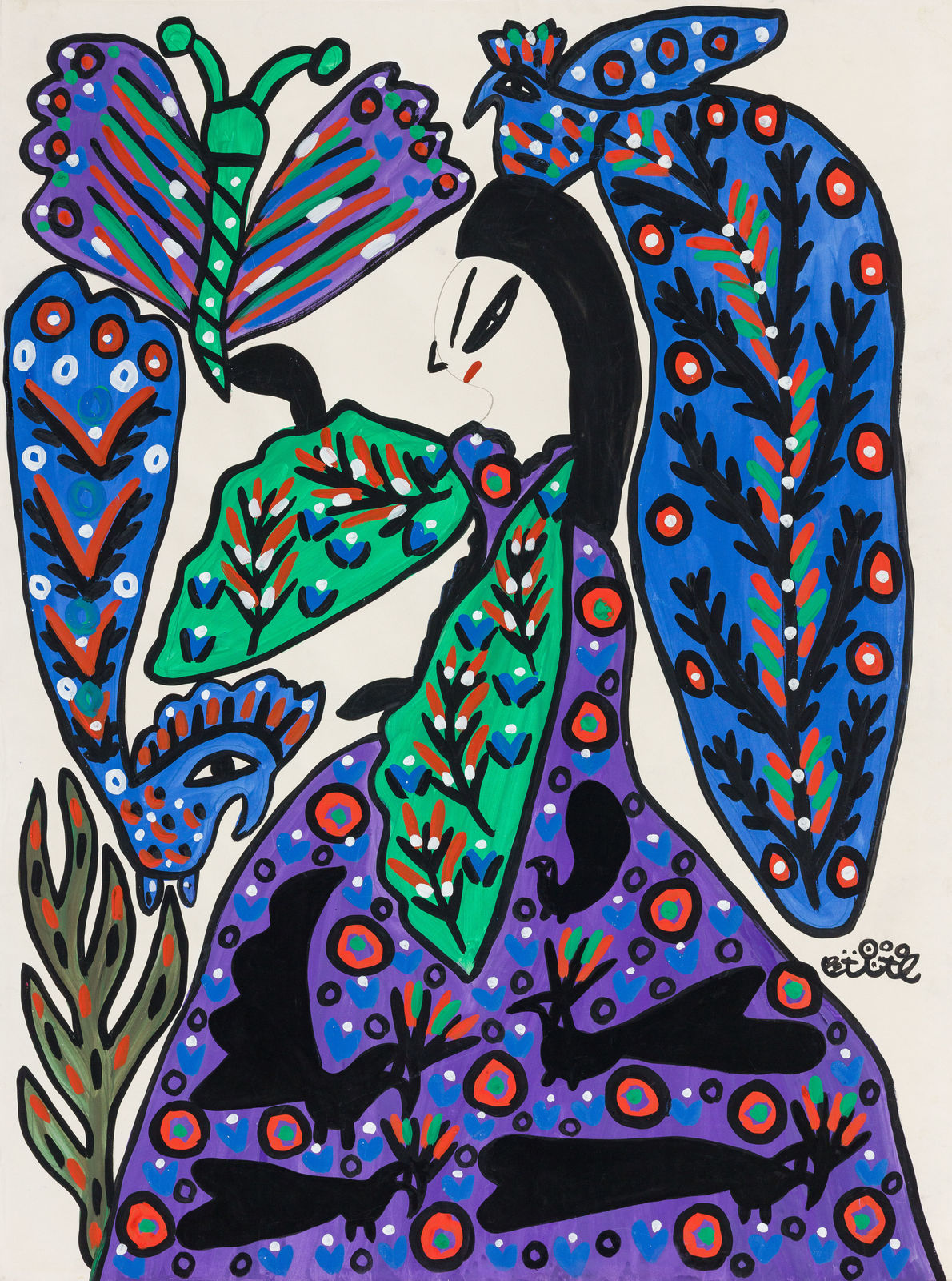 Baya Mahieddine, Femme, écureuil, oiseau et papillon, 1992