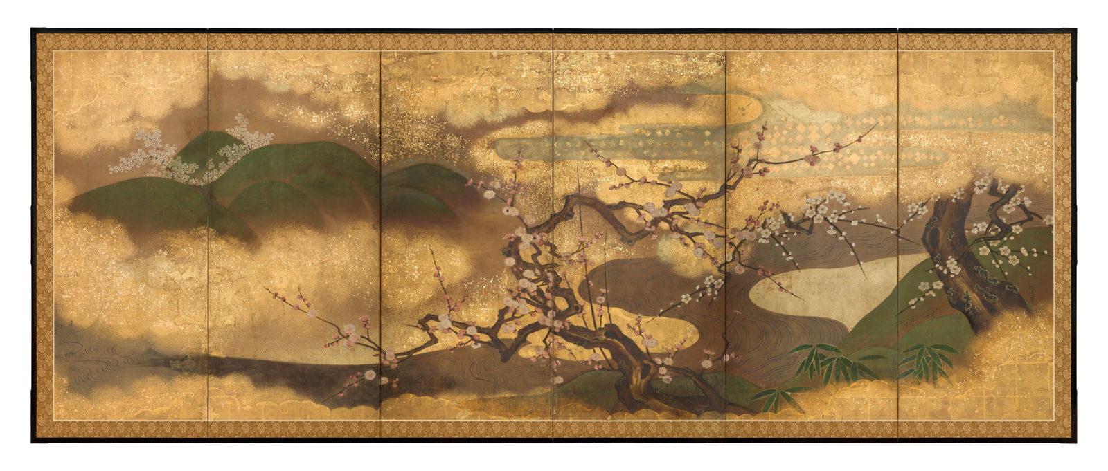 Kano School, Blooming Plum and Cherry Trees along Stream, ca 1800