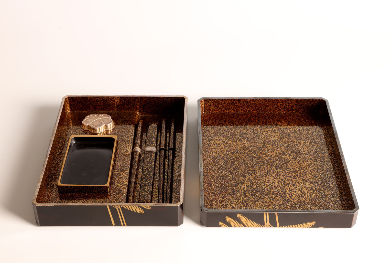 Miki Gyokushin II, Set of Paper Box, Box for Writing Utensils, and Box for Brushes with Design of Ferns, 1920s