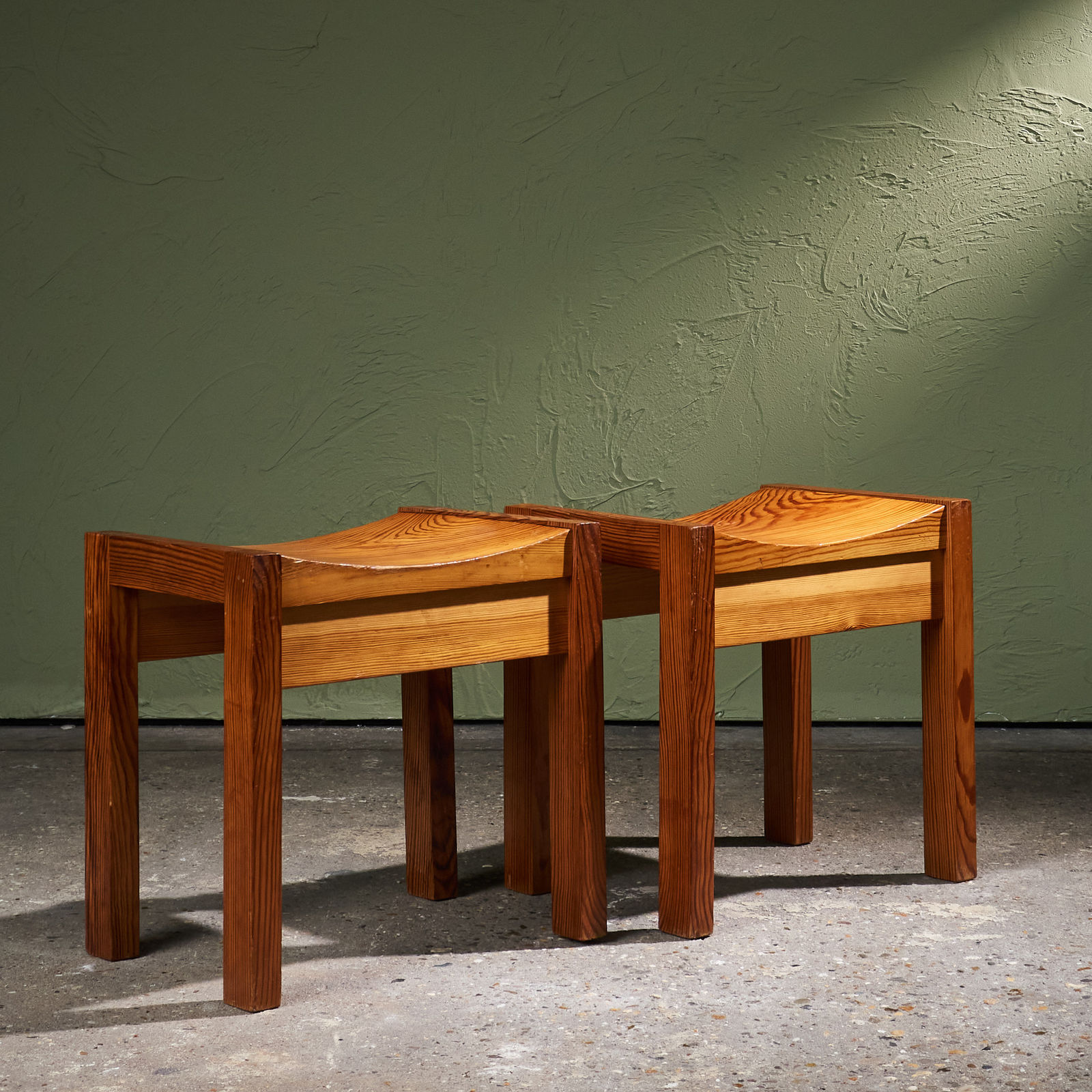 Pair of Pine Stools with Curved Seat, France, 1960s