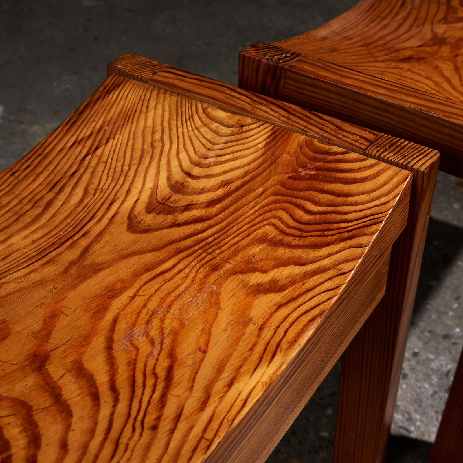Pair of Pine Stools with Curved Seat, France, 1960s