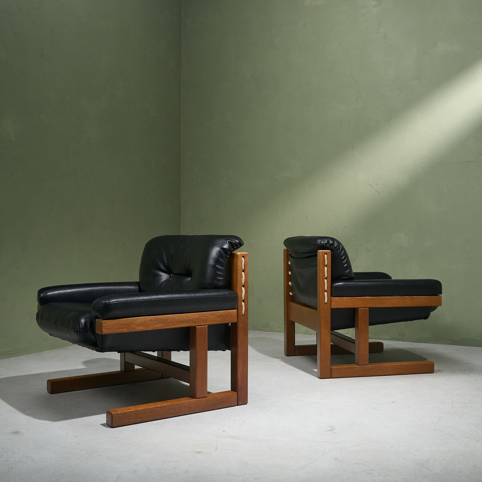 Cubist Lounge Chairs in Stained Solid Oak and Black Upholstery, Europe, 1970s