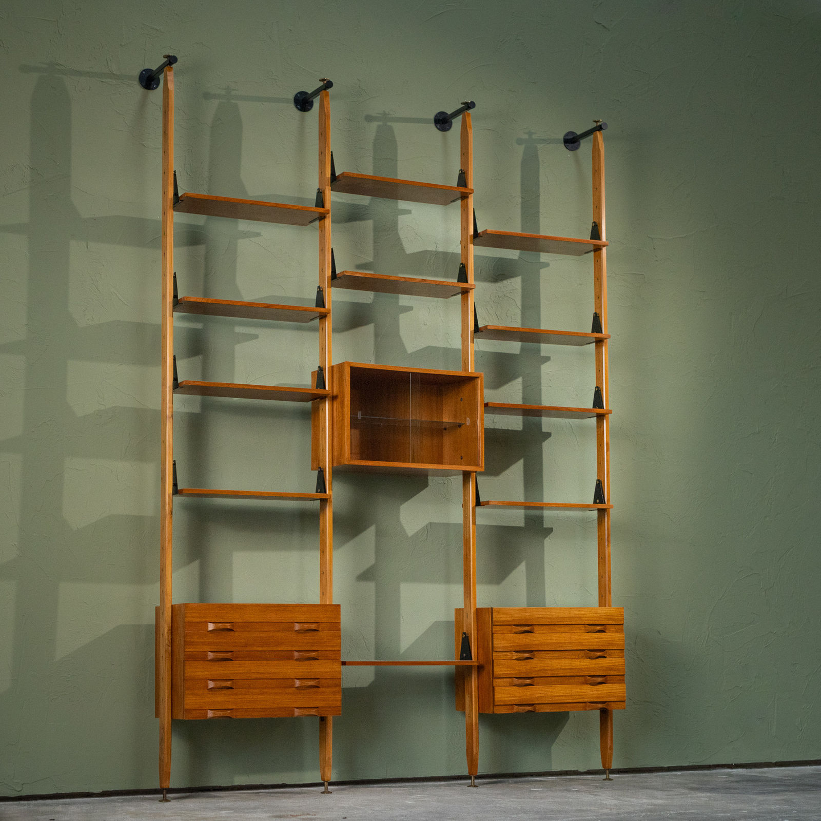 Large Modular Wall Unit in Teak and Brass, Italy, 1960s