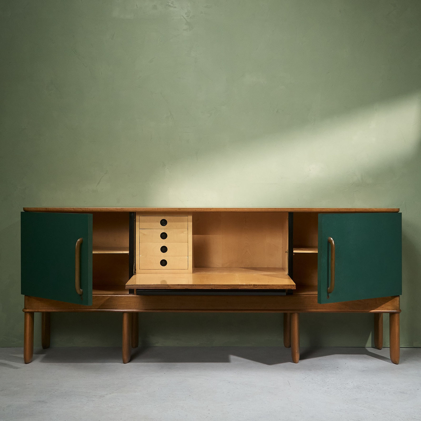 Oversized Sideboard with Bar Section in Walnut, Green Leatherette and Brass, Italy, 1930s