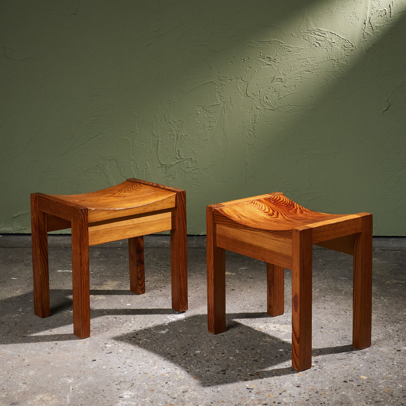 Pair of Pine Stools with Curved Seat, France, 1960s