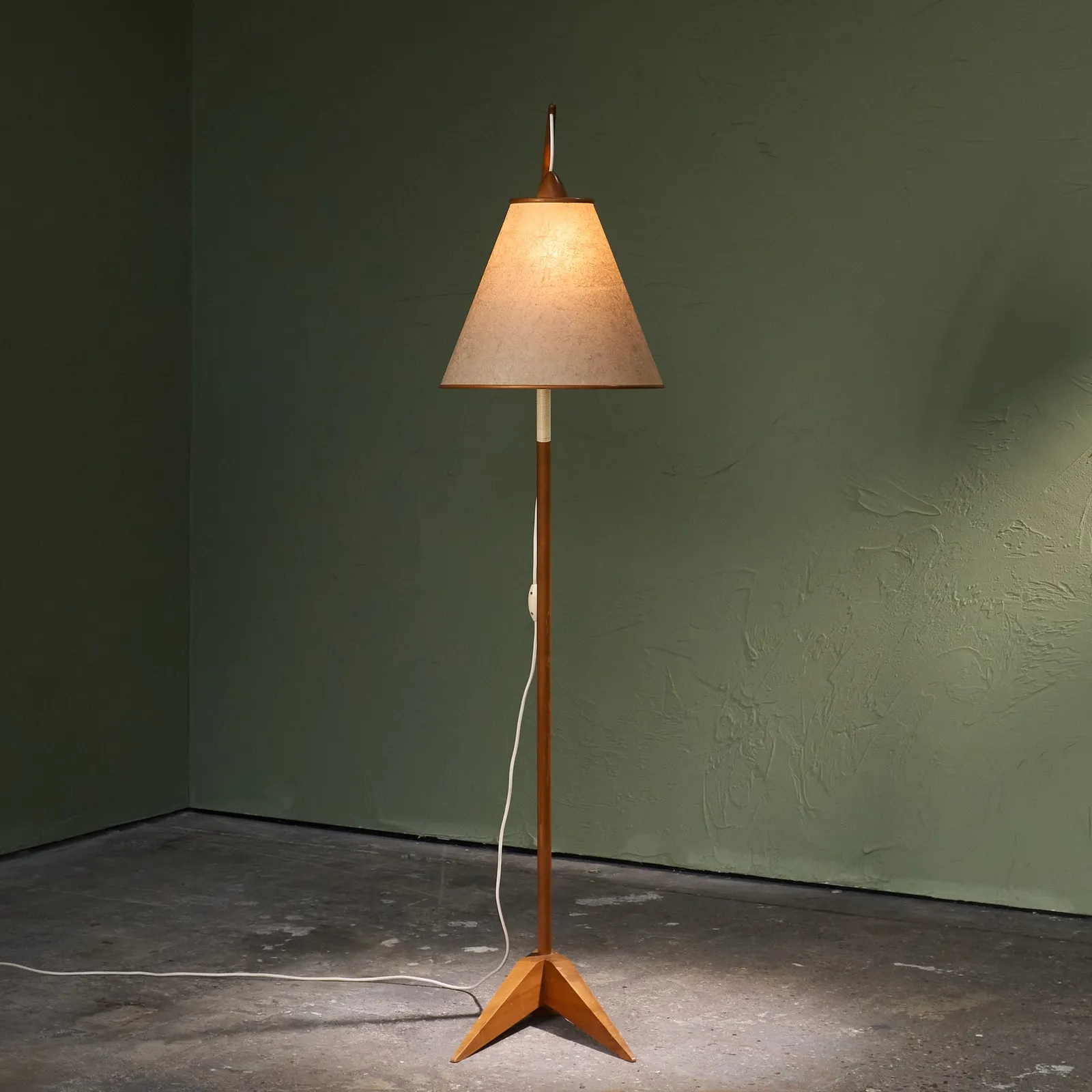 Floor Lamp with Wooden Stem and Fiberglass Shade, Scandinavian, 1950s