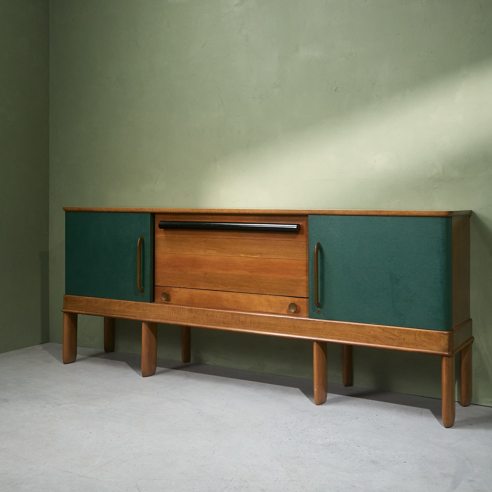 Oversized Sideboard with Bar Section in Walnut, Green Leatherette and Brass, Italy, 1930s