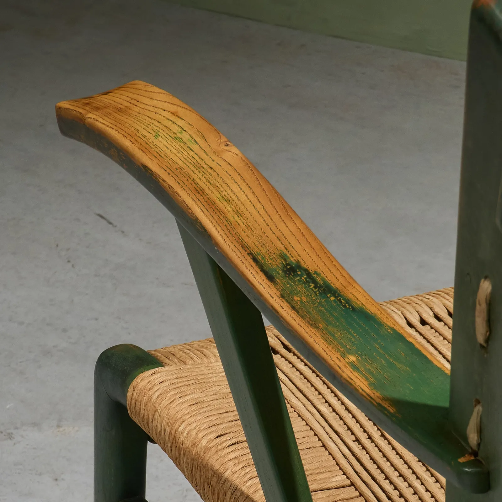 Pair of Green Lacquered Chestnut and Papercord Arm Chairs, Italy, Late 1930's