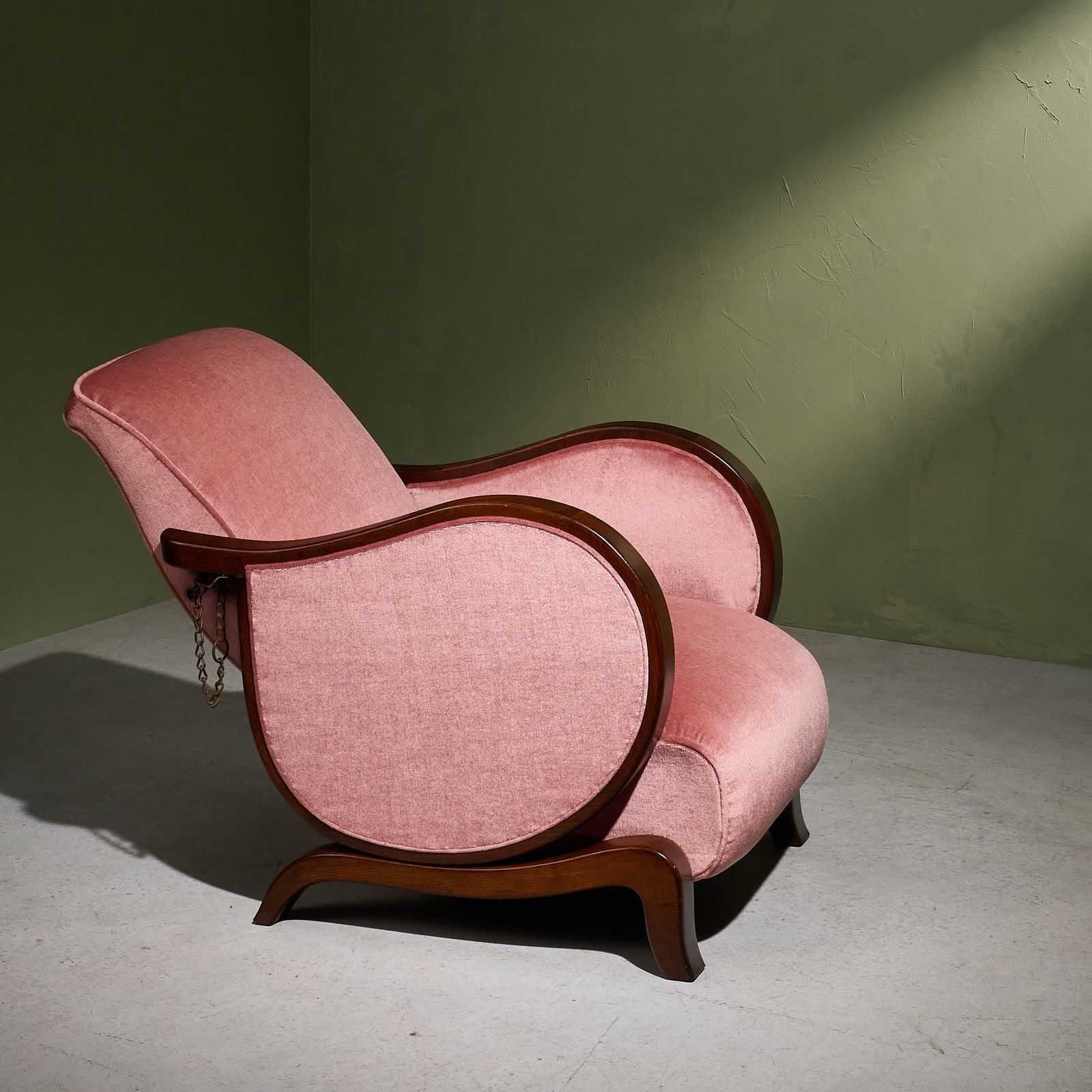 Art Deco Reclining Lounge Chair in 'Poudre' Pink Mohair, France, 1930s